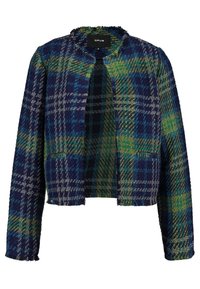 Veste courte à carreaux dans des tons bleus, verts et gris. Réalisée en tissu texturé avec un devant ouvert, un col arrondi et des manches longues.