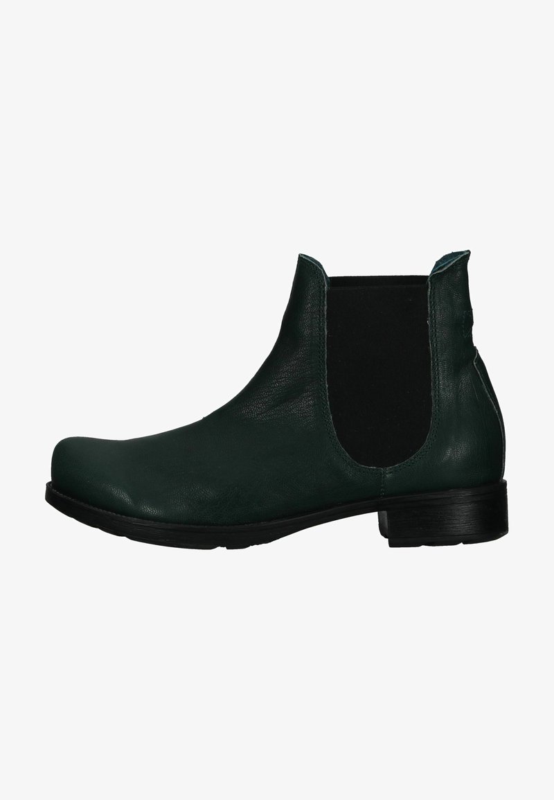 Bottines en cuir vert avec des panneaux latéraux élastiques et un bout rond. Elles possèdent un petit talon noir et un dessus texturé pour plus de détails.