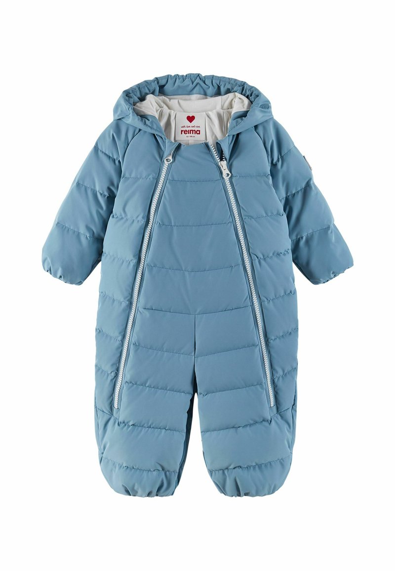 Jasnoniebieski dziecięcy kombinezon zimowy z wbudowanym kapturem, długimi rękawami, elastycznymi mankietami i dwoma pionowymi suwakami z przodu.