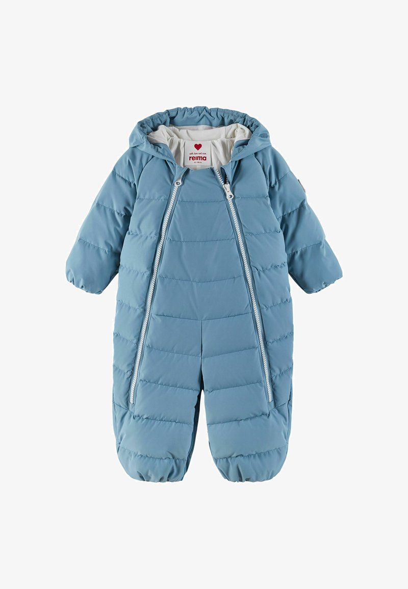 Light blue padded baby snowsuit with attached hood, long sleeves, elastic cuffs, and two vertical front zippers.