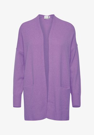 Cardigan viola realizzato in tessuto morbido. Presenta un'apertura frontale, maniche lunghe, due tasche anteriori e polsini a costine. Design semplice e classico.