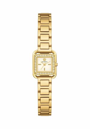 Gold-tone square watch with crystal bezel, gold link bracelet, and minimalist dial showing 10:10 time.