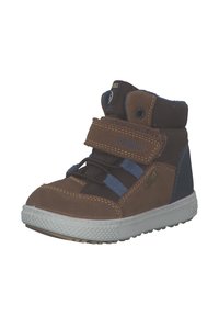 Braune Wildleder High-Top Sneakers mit blauen Akzenten, Textilfutter, Klettverschluss und Gummisohle mit strukturierter Griffigkeit.