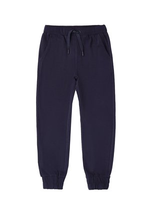 Donkerblauwe joggingbroek met elastische tailleband, aantrekkoord, zijzakken en elastische boorden bij de enkels.