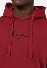 Roter Hoodie mit Kordelzug und schwarzem gesticktem Logo auf der Brust. Der Stoff hat eine glatte Textur und ist mittleres Gewicht.