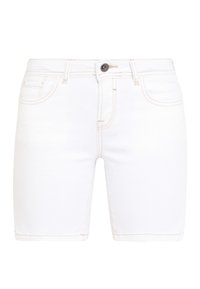 Weiße Denim-Shorts mit klassischem Design, ausgestattet mit Fronttaschen, Gürtelschlaufen und einem braunen Knopfverschluss. Leichte Steppnähte im gesamten Design.