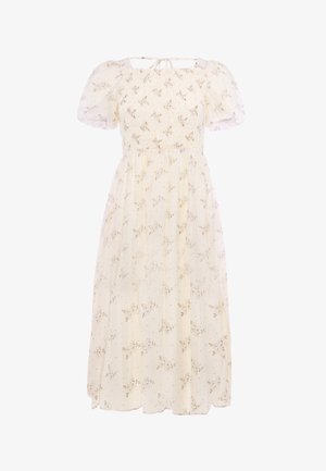 Abito midi color crema con maniche a sbuffo, piccolo motivo floreale, scollo quadrato, corpino arricciato e dettaglio annodato sul retro.