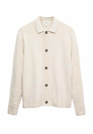 Lichtbeige gebreid vest met een kraag, knoopsluiting aan de voorkant, geribbelde manchetten en zoom. Gestructureerde stof met donkergrijze knopen.