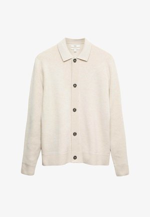 Lysebeige strikket cardigan med krave, knaplukning foran, ribstrikkede ærmegab og kant. Tekstureret stof med mørkegrå knapper.