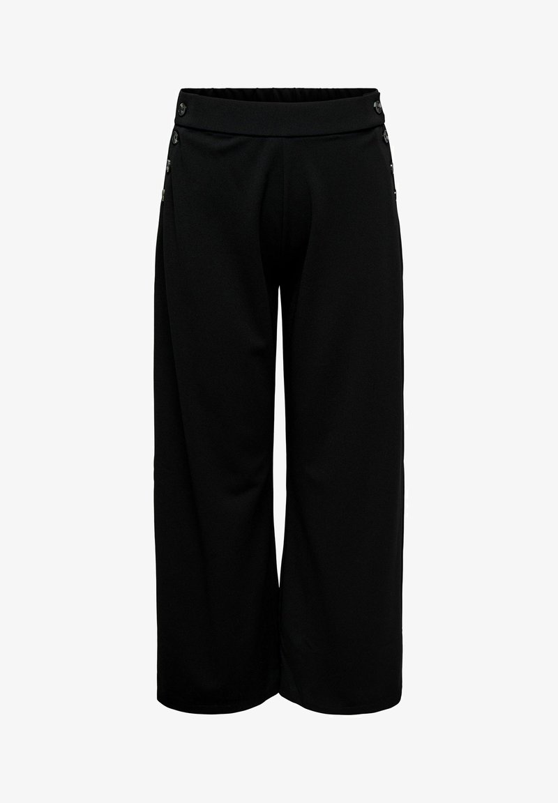 Pantaloni negri cu picioare largi, talie înaltă și nasturi decorativi de-a lungul părților laterale, aproape de talie.