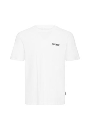 Tricou alb din bumbac, cu mâneci scurte și decolteu rotund. Prezintă un mic logo negru "blend" în partea stângă a pieptului. Design simplu.