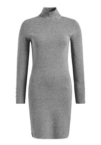 Robe en maille grise à manches longues avec un col haut et une silhouette ajustée, dotée de boutons sur le bas des manches.