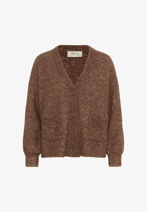 Brown, textured cardigan with a V-neck, three buttons down the front, two front pockets, and long, slightly puffed sleeves.
