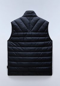 Schwarze Steppweste ohne Ärmel mit horizontalen gesteppten Abschnitten, ausgestattet mit einem hohen Kragen und einem subtilen Glanz des Stoffs.
