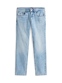 Light blue denim jeans with a straight cut, featuring five pockets, a zip fly, and a subtle faded texture. Hardware includes a button and rivets.