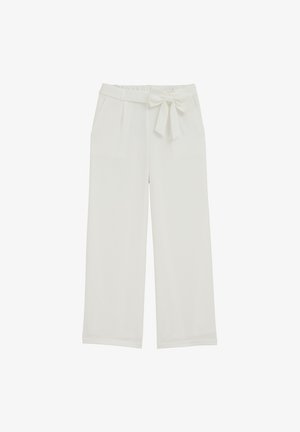Weiße Hosen mit weitem Bein und weicher Textur, ausgestattet mit einem elastischen Bund und einer Schleifendetail vorne. Mit seitlichen Taschen.