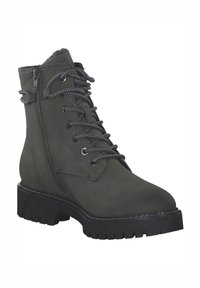 Dunkelgrüne Knöchelstiefel mit strukturierter Oberfläche, ausgestattet mit einer Schnürung an der Vorderseite, einem seitlichen Reißverschluss und einer dickeren Gummisohle für besseren Halt.