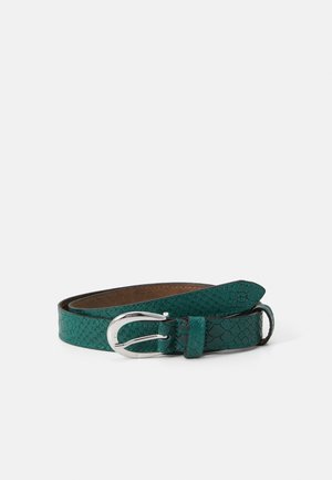 Teal green textured leather belt with silver metal buckle, rolled and placed on a white background.