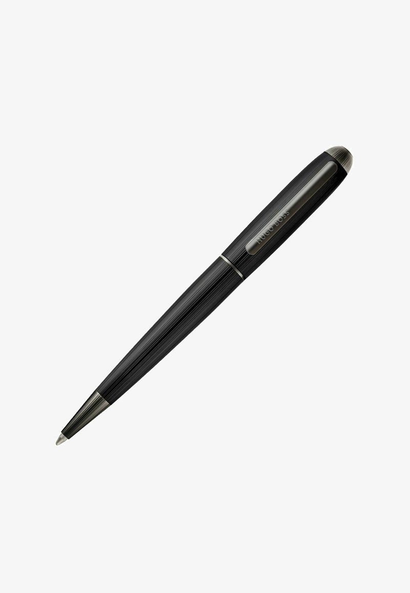 Stylo bille noir Hugo Boss avec accents argentés et pince, forme cylindrique mince, pointe rétractable et texture subtile rayée.