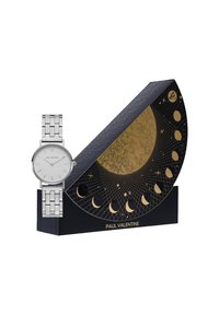 Silver metal watch with a round face and simple hour markers. Presented in a black box featuring a gold celestial design and logo.