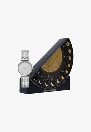 Silberner Metall-Uhren mit rundem Zifferblatt und einfachen Stundenmarkierungen. Präsentiert in einer schwarzen Box mit einem goldenen himmlischen Design und Logo.