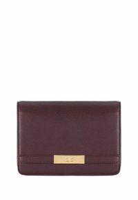 Portafoglio in pelle bordeaux con finitura strutturata, dotato di una chiusura in metallo color oro e cuciture orizzontali semplici lungo i bordi.