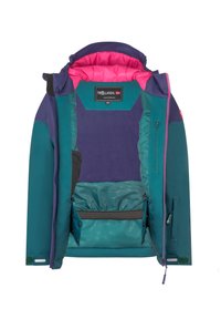 Bunte Kinderjacke mit einem türkisblauen Außenmaterial, einer rosa isolierten Innenausstattung und mehreren Taschen. Hergestellt aus robustem Material mit einer Kapuze.