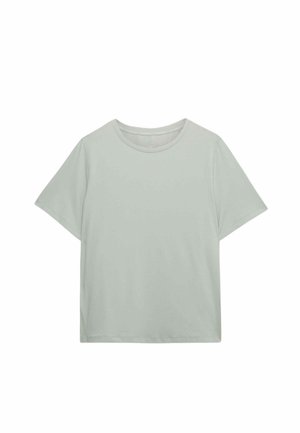 Jasnoszary T-shirt z krótkim rękawem i okrągłym dekoltem, o luźnym kroju, wykonany z oddychającego materiału siatkowego na dekolcie i bocznych rozcięciach.