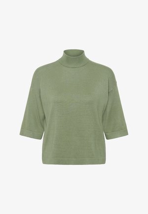 Gebreide groene coltrui met korte opgerolde mouwen. Zachte textuur, ontspannen pasvorm en minimale naden op een witte achtergrond.