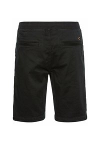 Schwarze Shorts aus leichtem Stoff mit einer glatten Textur, ausgestattet mit zwei Gesäßtaschen und einem dezenten Logoakzent. Mit elastischem Bund.