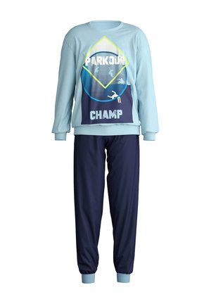 Hellblaues Sweatshirt mit geometrischem "PARKOUR CHAMP"-Druck. Navyfarbene Hose mit elastischen Bündchen, aus weichem Material für Komfort und Beweglichkeit.