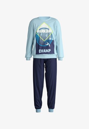 Light blue sweatshirt with geometric "PARKOUR CHAMP" print. Navy pants with elastic cuffs, made from soft material for comfort and movement.