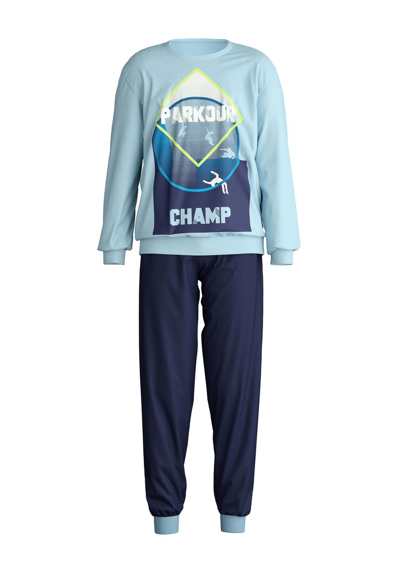 Lichtblauwe trui met geometrische "PARKOUR CHAMP" opdruk. Marineblauwe broek met elastische boorden, gemaakt van zacht materiaal voor comfort en bewegingsvrijheid.