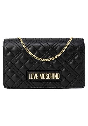 Black quilted leather purse with gold chain strap and "LOVE MOSCHINO" gold lettering on front flap.