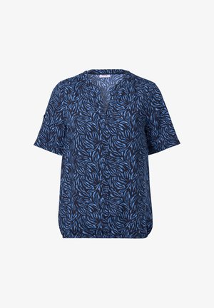 Marineblauwe blouse met korte mouwen, featuring een bladpatroon in lichtblauw. V-hals ontwerp met een ontspannen pasvorm en zachte textuur.