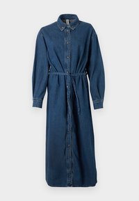 Denim jurk in donkerblauw, met een knoopsluiting aan de voorkant, kraag, lange mouwen, elastische taille met een bijpassende riem en zijzakken.