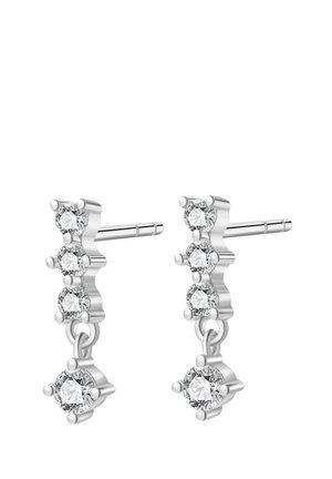 Silver-tone earrings featuring three round clear crystals set in a wavy design, with a dangling crystal at the bottom.