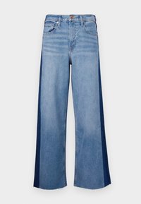 Vida jeans med vida ben i en ljusblå tvätt och mörkblå sidor, gjorda av denim, med en fransad fåll och femfickorsdesign.