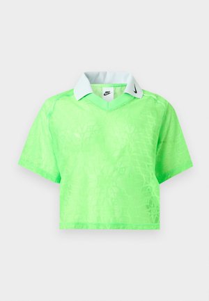 Neoonroheline lühikeste varrukatega lühike top peene mustriga, valge krae ning must Nike Swoosh logo krael ja sildi sees.