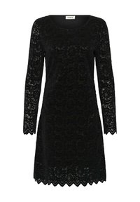 Rochie neagră din dantelă cu mâneci lungi, model floral, hem imitat cu margini ondulate și decolteu rotund. Țesătură moale și texturată cu o siluetă ajustată.