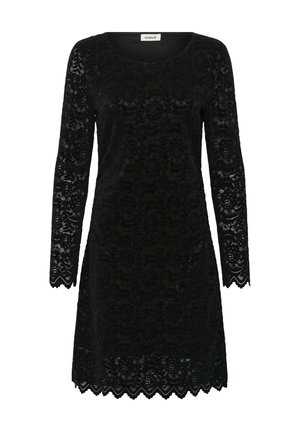 Černé krajkové šaty s dlouhými rukávy, květinovým vzorem, vroubkovaným lemem a zaobleným výstřihem. Měkká, texturová tkanina s přiléhavým střihem.