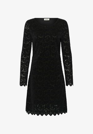 Černé krajkové šaty s dlouhými rukávy, květinovým vzorem, vroubkovaným lemem a zaobleným výstřihem. Měkká, texturová tkanina s přiléhavým střihem.