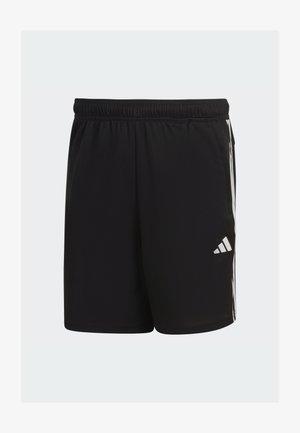 Črne atletske kratke hlače iz lahkega materiala z elastičnim pasom, ki imajo bele črte in logo Adidas na strani.