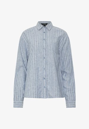 Chemise à manches longues à rayures verticales bleues et blanches, avec col et poche poitrine, en tissu coton, style décontracté.