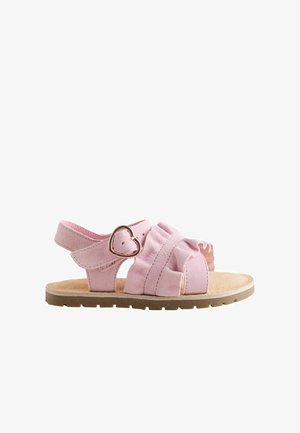 Sandalo rosa per bambini con fibbia a forma di cuore, cinturini arricciati, soletta imbottita e suola piatta in gomma.