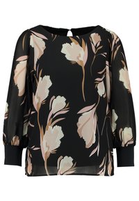 Blusa nera con stampa floreale in beige e rosa, maniche lunghe trasparenti a sbuffo, polsini a costine e chiusura con bottone a chiave sulla schiena.