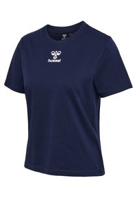 Navyblauwe t-shirt met korte mouwen, gemaakt van katoen, met een ronde halslijn en een wit logo op de borst. Gladde textuur, casual pasvorm.
