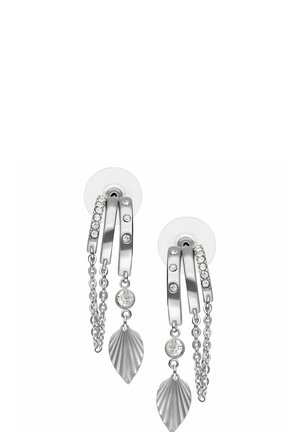 Silver hoop earrings with embedded crystals, dangling round crystals, leaf-shaped charms, and delicate chain accents on a white background.