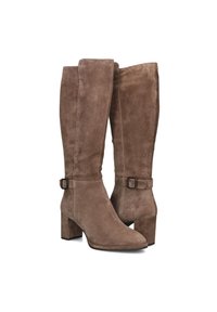 Brown suede knee-high boots with a block heel, featuring a side strap with a metal buckle. Smooth texture, tapered toe design.