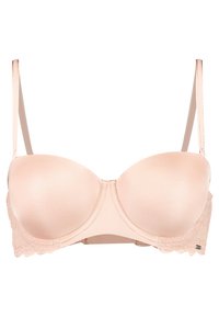 Sutiã acolchoado rosa claro com acabamento de renda ao longo da borda inferior, alças ajustáveis e textura de tecido suave e macio.